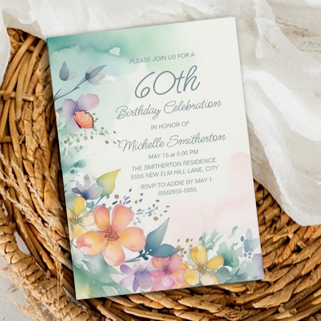 Aquamarin Pink-Gelbe Pastel Blume 60. Geburtstag Einladung (Teal, pink, yellow floral 60th birthday party invitation)