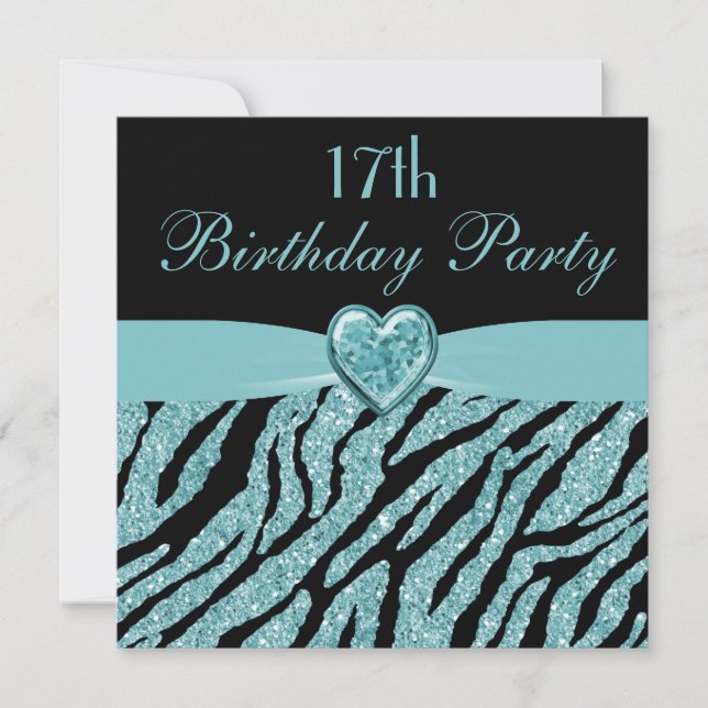 Aquamarin Printed Heart & Zebra Glitzer 17. Geburt Einladung (Vorderseite)
