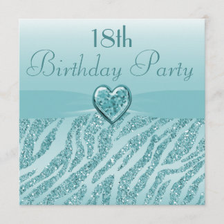 Aquamarin Printed Heart & Zebra Glitzer 18. Geburt Einladung