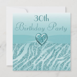 Aquamarin Printed Heart & Zebra Glitzer 30. Geburt Einladung