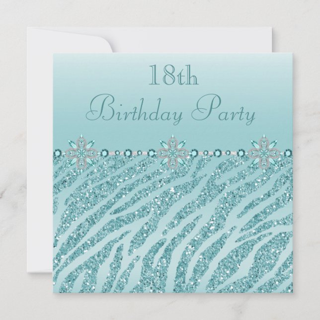 Aquamarin Printed Jewels & Zebra Glitzer 18. Gebur Einladung (Vorderseite)