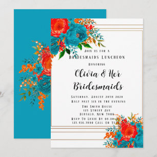 Aquamarin Red Orange Floral Bridesmaids Luncheon I Einladung