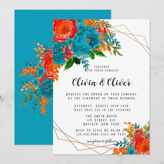 Aquamarin Red Orange Peony Florals Wedding Einladung (Vorne/Hinten)