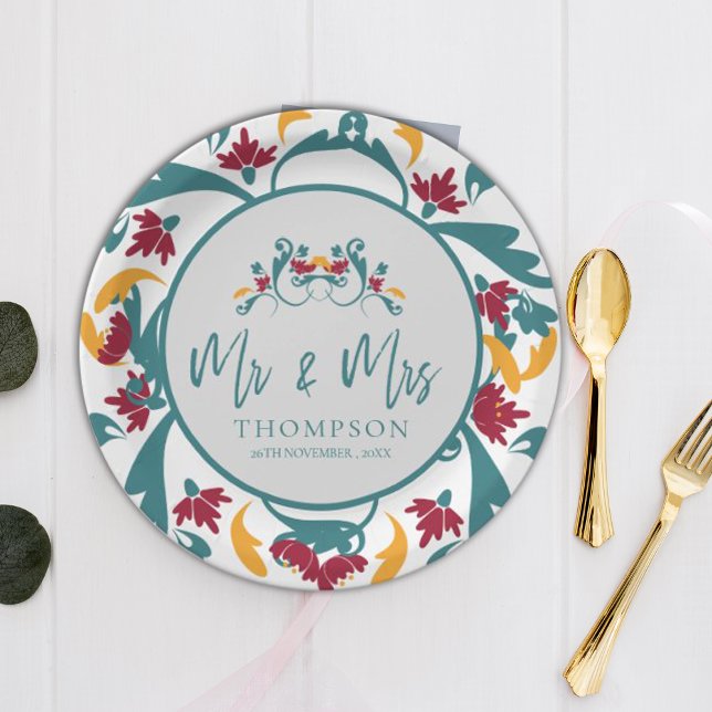Aquamarin Red Ornamental Mr. Name Wedding Party Pappteller (Teal Red Ornamental Mr Mrs Name Wedding Party Paper Plates)