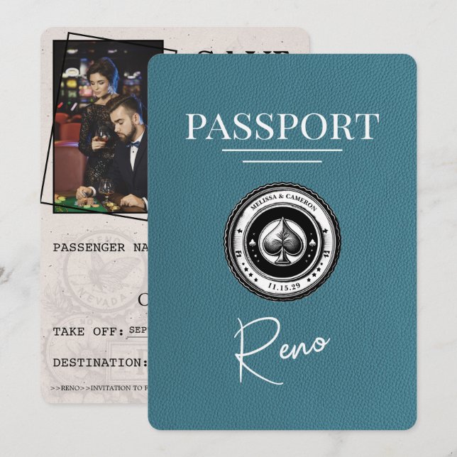 Aquamarin Reno Passport Save the Date (Vorne/Hinten)
