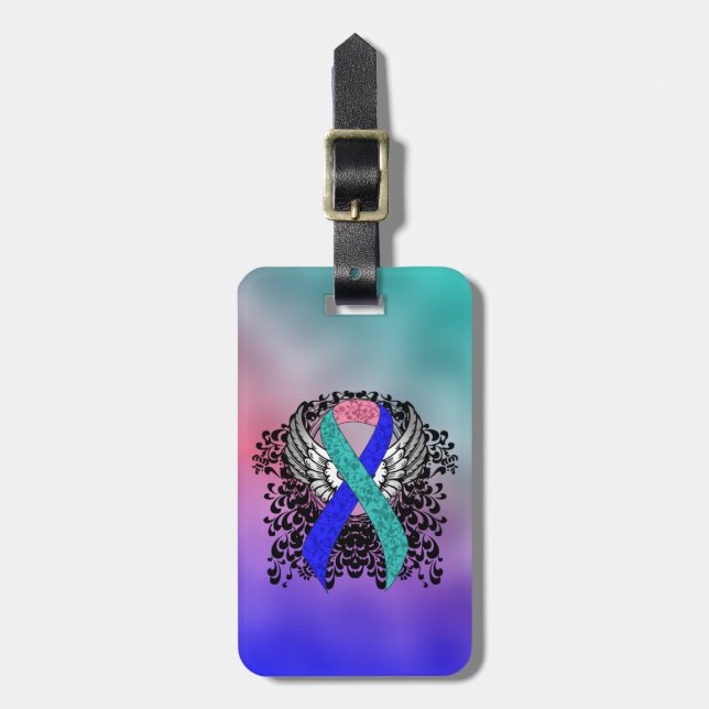 Aquamarin/rosa/blaue Schleife mit Flügeln Gepäckanhänger (Vorderseite vertikal)