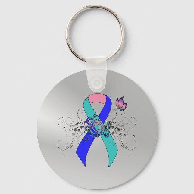 Aquamarin/rosa/blaue Schleife mit Schmetterling Schlüsselanhänger (Vorderseite)