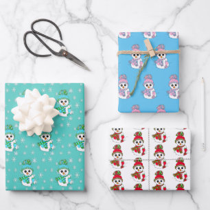 Aquamarin, rosa, blaue Schneemannsheihen Geschenkpapier Set