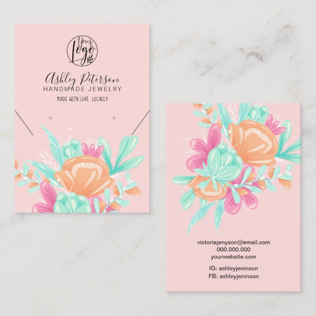 Aquamarin rosa Blumen Logo Schmuck Ohrring Halsket Visitenkarte (Vorne/Hinten)