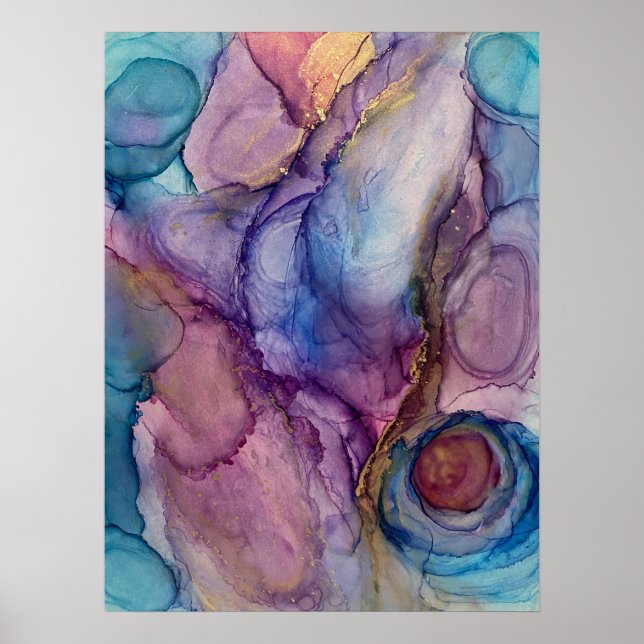 Aquamarin, rosa, Lila & Gold Abstrakter Alkohol am Poster (Vorne)