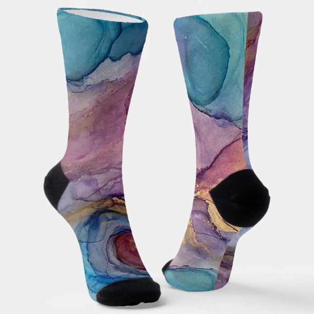 Aquamarin, rosa, Lila & Gold Abstrakter Alkohol am Socken (Gewinkelt)
