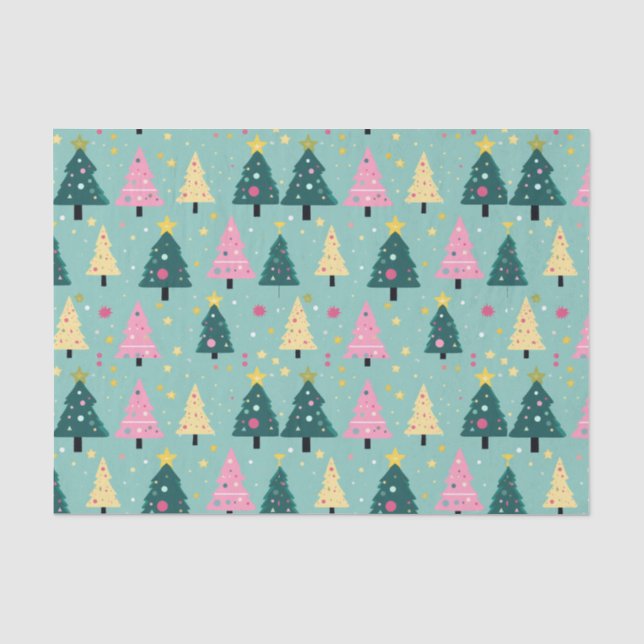 Aquamarin Rosa Retro Weihnachtsbäume Seidenpapier (Vorderseite)