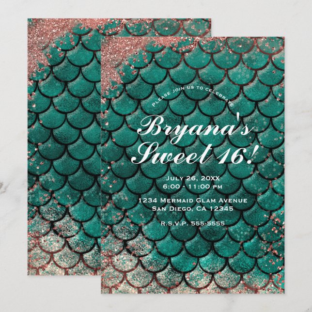 Aquamarin & rosa Rose Gold Glitzer Mermaid Sweet 1 Einladung (Vorne/Hinten)
