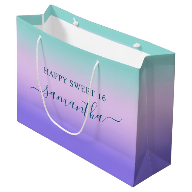 Aquamarin rosa und Lila süß 16 Große Geschenktüte (Vorderseite Schrägansicht)
