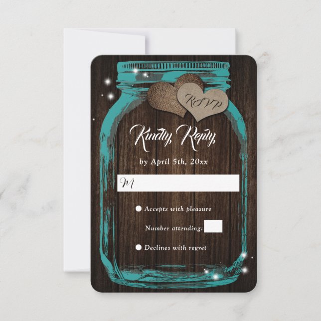 Aquamarin Rustic Wood Hearts Mason Jar Wedding RSV RSVP Karte (Vorderseite)