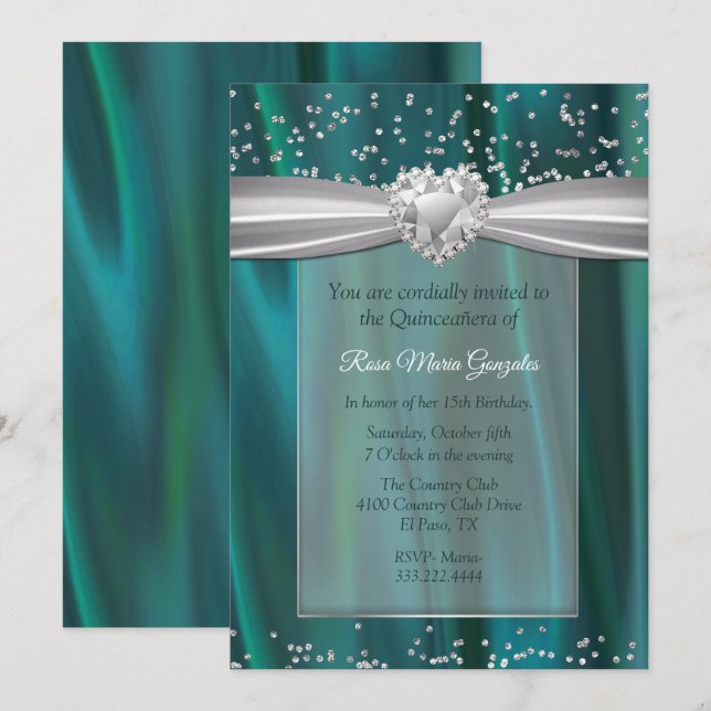 Aquamarin Satin und Diamonds Quinceñera Einladung (Vorne/Hinten)