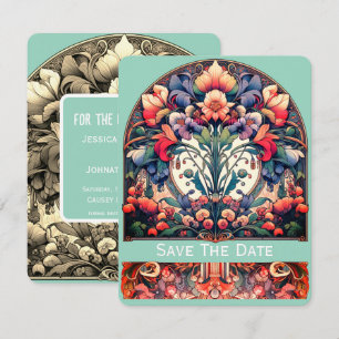 Aquamarin Save the Date Card Mucha Style