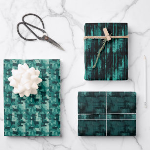 Aquamarin-Schwarz-Abstraktes Farbtrio Geschenkpapier Set
