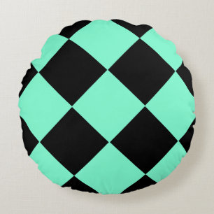Aquamarin Schwarz Checker Diamantmuster Rundes Kissen