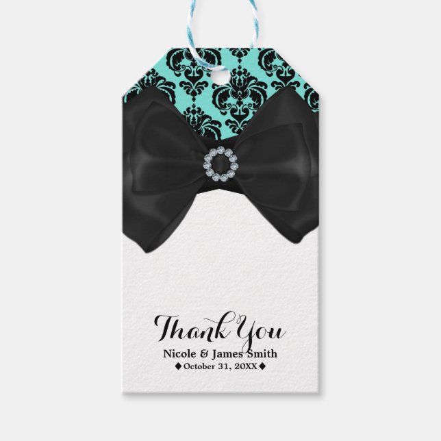 Aquamarin & schwarz Damask Bling Bow Glam Sweet 16 Geschenkanhänger (Vorderseite)