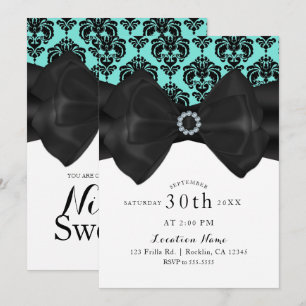 Aquamarin & schwarz Damask Bow Glam Chic Sweet 16  Einladung