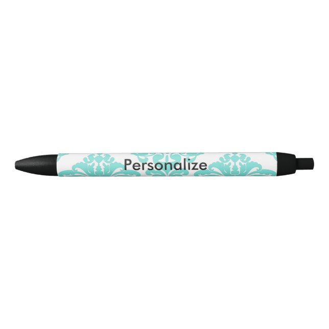Aquamarin & schwarz Damask Eleganter Personalisier Kugelschreiber (Vorderseite)