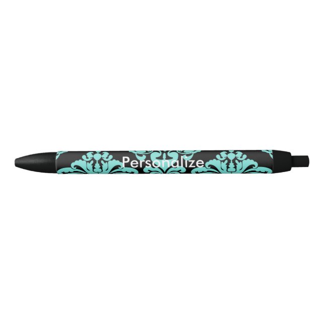 Aquamarin & schwarz Damask Eleganter Personalisier Kugelschreiber (Vorderseite)