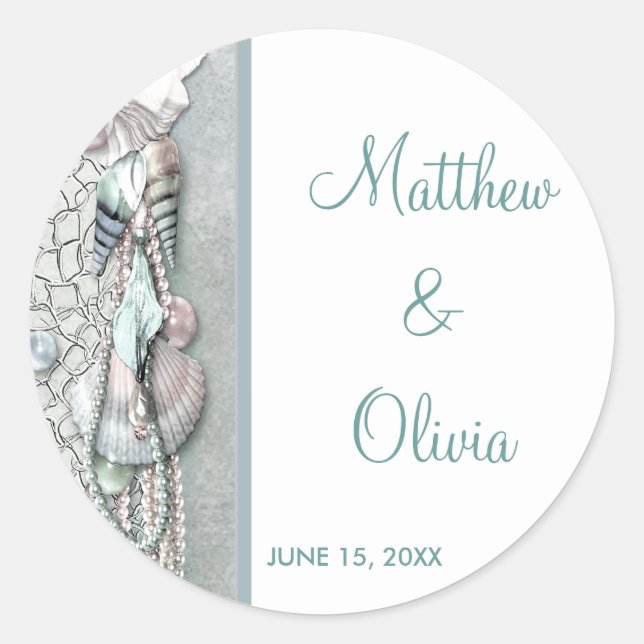 Aquamarin Seashells Pearl Beach Wedding Favor Stic Runder Aufkleber (Vorderseite)