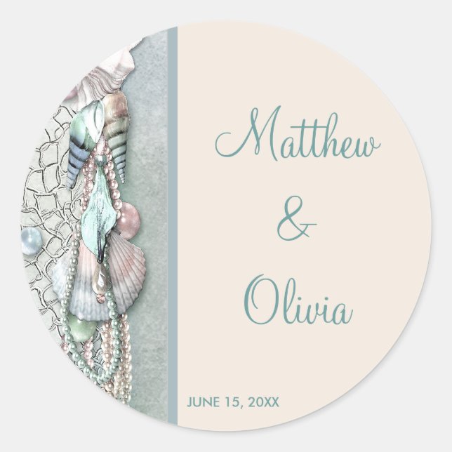 Aquamarin Seashells Pearls Beach Wedding Gefallen  Runder Aufkleber (Vorderseite)
