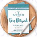Aquamarin Silver Bar Mitzvah Tallit Simple Modern  Einladung<br><div class="desc">Seien Sie stolz, freuen Sie sich und präsentieren Sie diesen Meilenstein Ihres Lieblings-Bar Mitzvah! Versenden Sie diese coole, einzigartige, moderne, personalisierte Einladung für eine Veranstaltung, an die Sie sich erinnern können. Die aquamarine Schrift-Typografie, Star of David und ein staubiger aquamariner Blau- und Silberstreifen Glitzer gestreift tallit inspirierte Grafik-Overlay auf einem...</div>