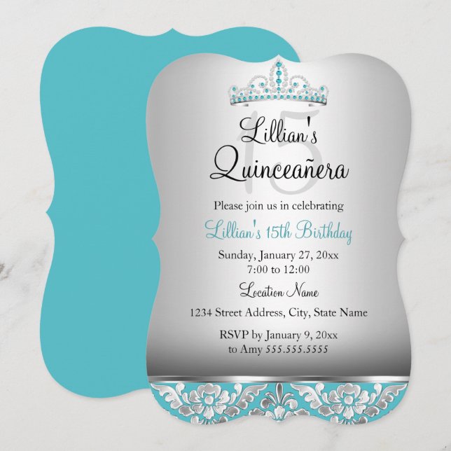 Aquamarin Silver Damask Tiara Quinceanera Einladun Einladung (Vorne/Hinten)