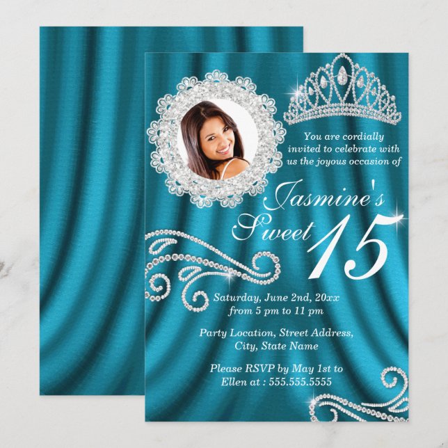 Aquamarin Silver Diamond Tiara Foto Quinceanera Einladung (Vorne/Hinten)