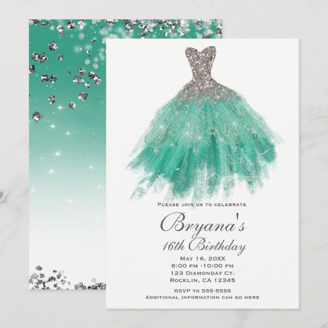 Aquamarin & Silver Glitzer Glamour Kleid Sweet 16  Einladung (Vorne/Hinten)
