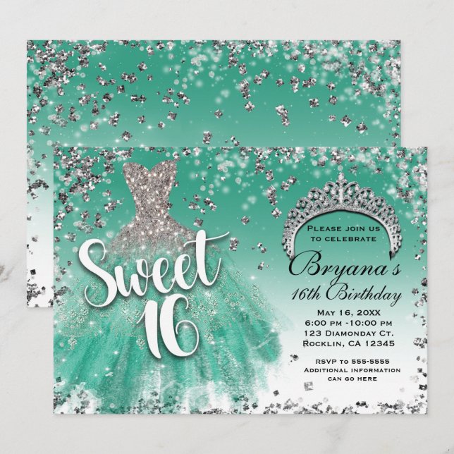 Aquamarin & Silver Glitzer Glamour Kleid Sweet 16  Einladung (Vorne/Hinten)