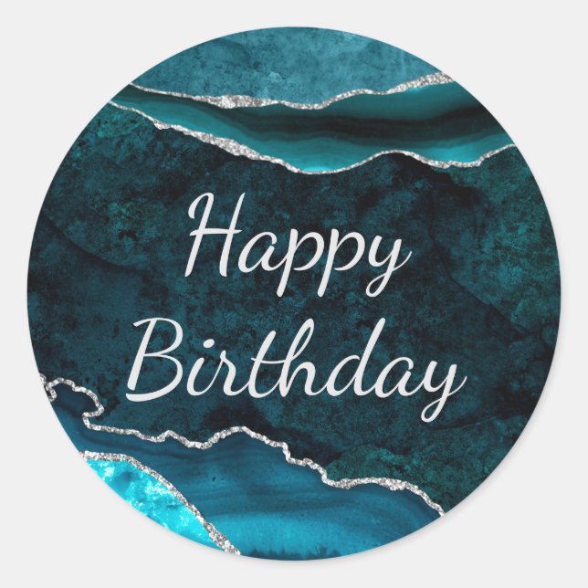 Aquamarin & Silver Glitzer Marble Agate Geburtstag Runder Aufkleber (Vorderseite)