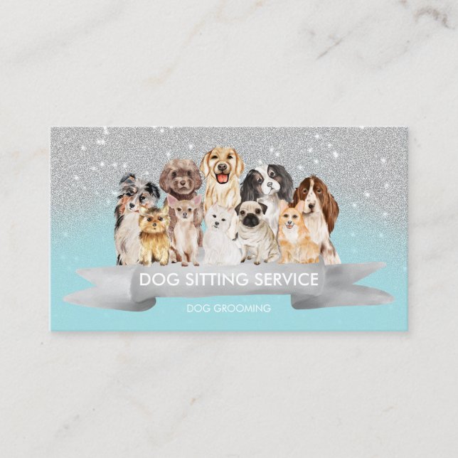 Aquamarin Silver Niedlich Sparkle Petsitter Dog Wa Visitenkarte (Vorderseite)