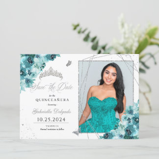 Aquamarin & Silver Quinceañera Save the Date Foto Einladung