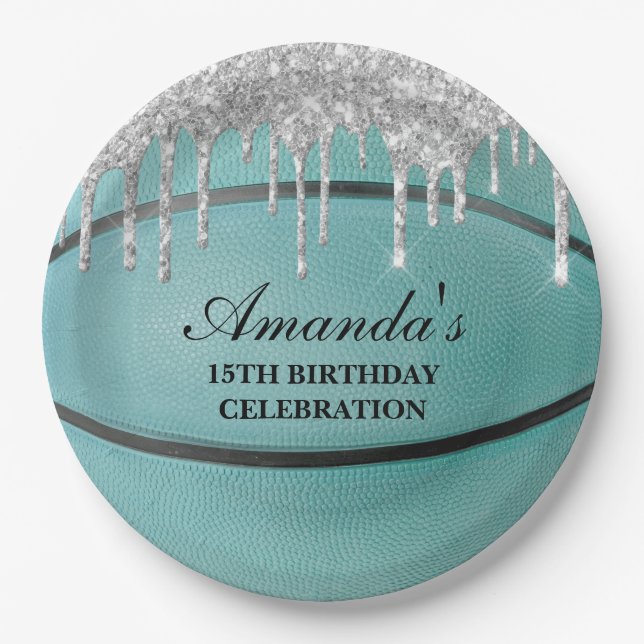 Aquamarin Silver Tropfen Basketball Pappteller (Vorderseite)