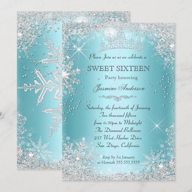 Aquamarin Silver Winter Wonderland Sweet 16 Tiara Einladung (Vorne/Hinten)