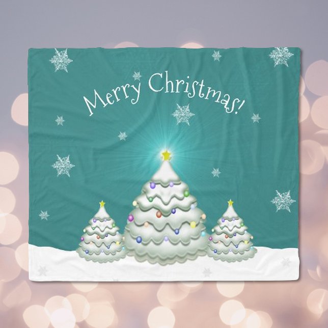 Aquamarin Snowy Christmas Tree Blanket Fleecedecke (Teal Christmas Tree Fleece Blanket)