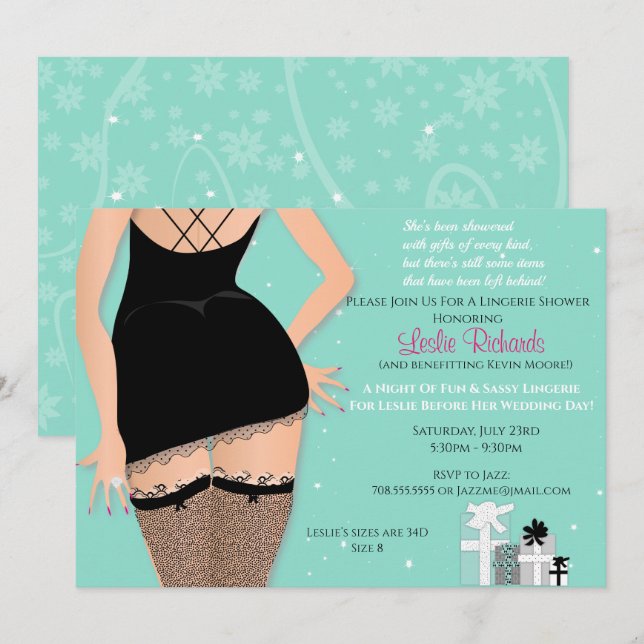 Aquamarin Sparkle Lingerie Bridal Dusche Einladung (Vorne/Hinten)
