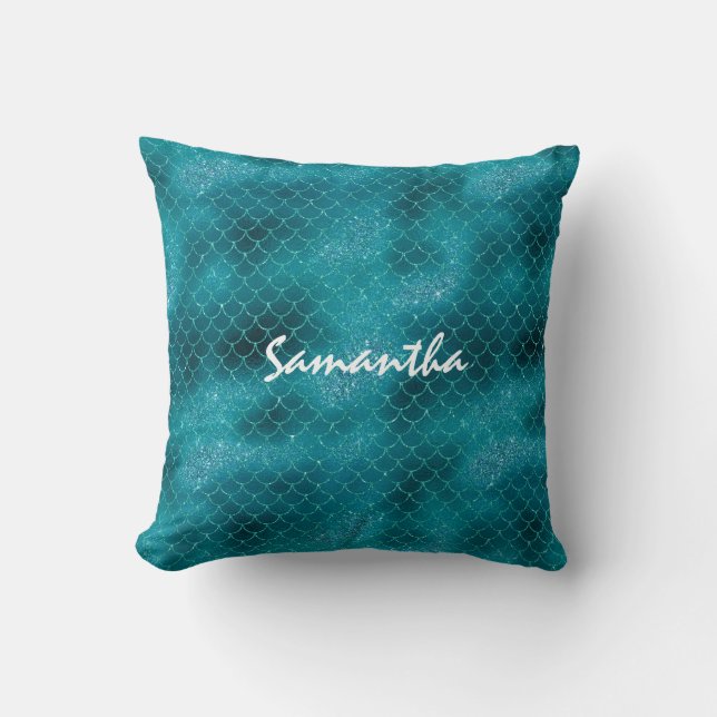 Aquamarin Sparkle Mermaid personalisiert Kissen (Vorderseite)
