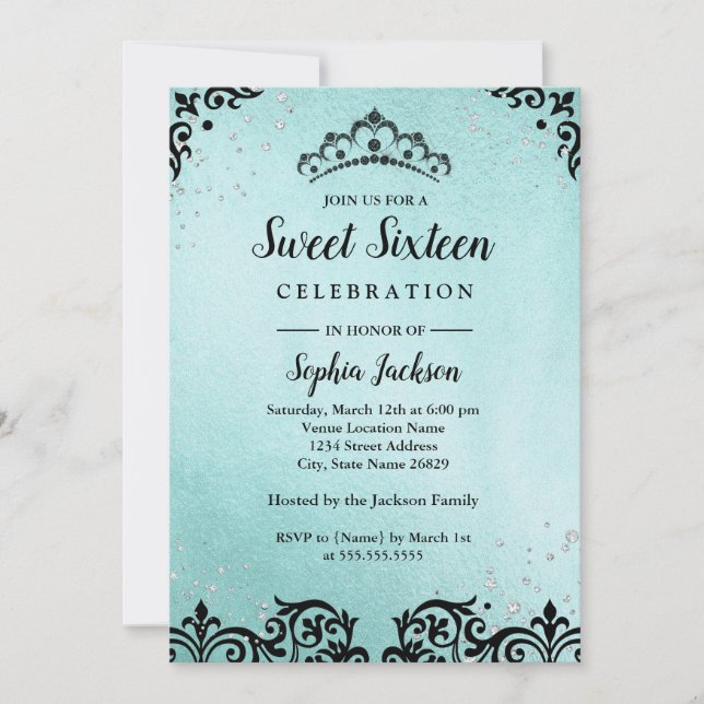 Aquamarin Sparkle Tiara Damask 16 . Geburtstag Einladung (Vorderseite)