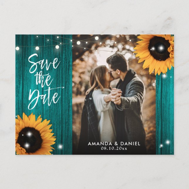 Aquamarin Sunflower Save the Date Foto Postkarte (Vorderseite)