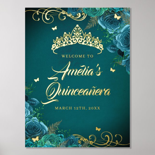 Aquamarin Swirl Quinceanera Willkommenszeichen Gol Foliendrucke (Vorderseite)