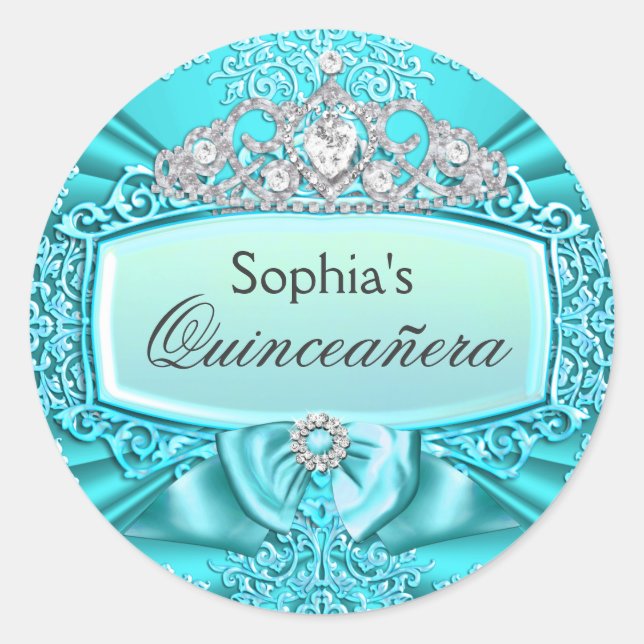 Aquamarin Tiara & Damask Quinceanera Sticker (Vorderseite)