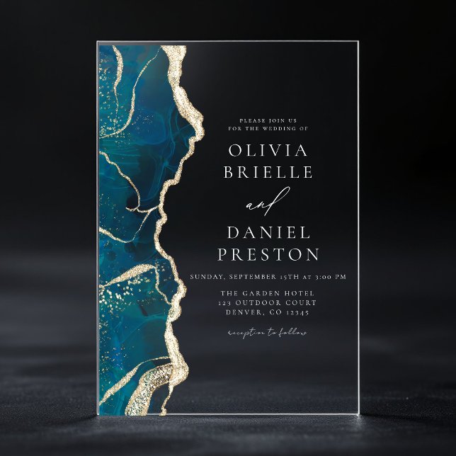 Aquamarin Türkis Blue Gold Agate Hochzeit Acryleinladungen (Von Creator hochgeladen)