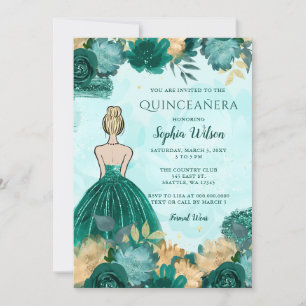 Aquamarin Türkis Gold Floral Princess Quinceañera Einladung