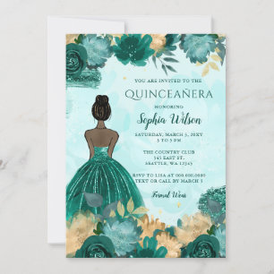 Aquamarin Türkis Gold Floral Princess Quinceañera Einladung