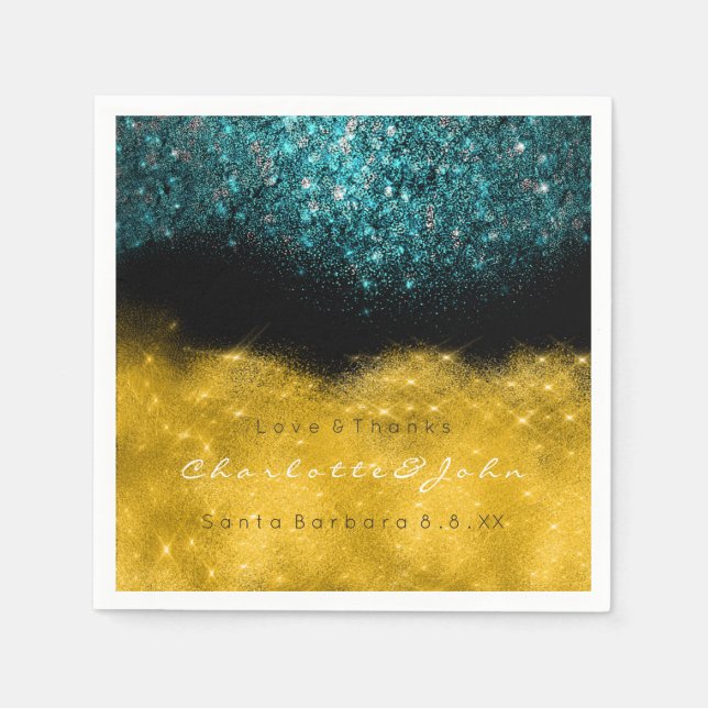 Aquamarin Türkis Gold Schwarz-weiß Confetti Glitze Serviette (Vorderseite)